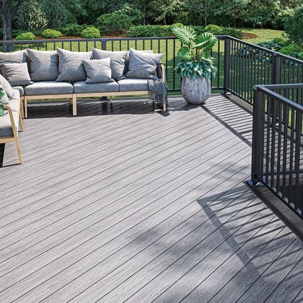 Grey deck with black railing