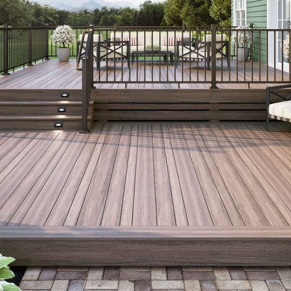 Brown deck with black railing two tier