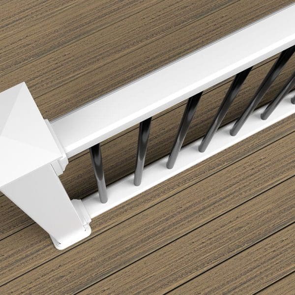 White railing over brown decking